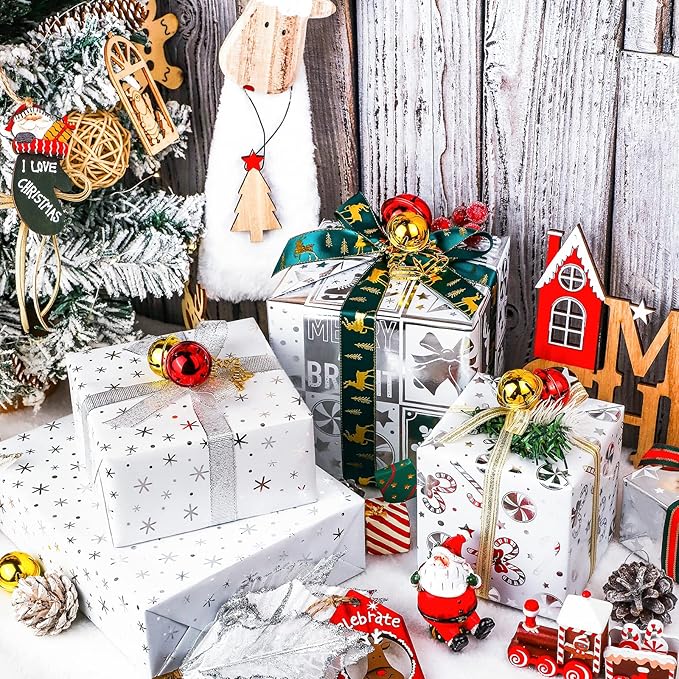 WRAPAHOLIC Silver Christmas Wrapping Paper Set - Silver Snowflakes and Candy Cane Holiday Collection with Metallic Foil Shine Wrapping Paper Bundle with Gift Bow & Ribbon & Tag & Sticker