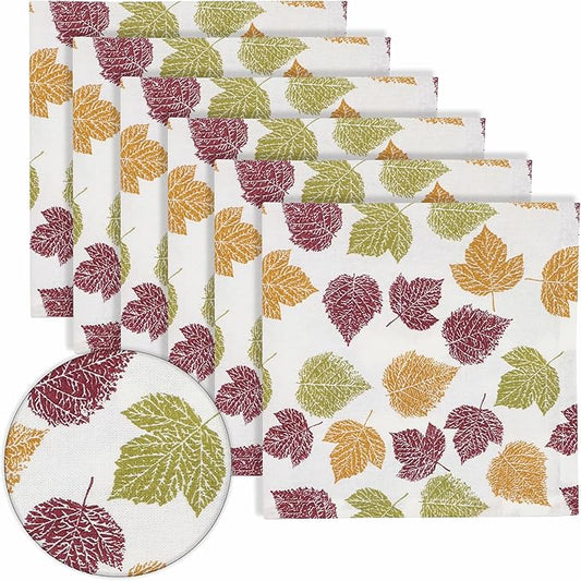 PurpleEssences Fall Harvest Decor Thanksgiving Napkins, 18x18 Fall Cloth Napkins Set of 6, 100% Cotton Fall Leaves Dinner Napkins for Farmhouse Kitchen, Autumn Leaves