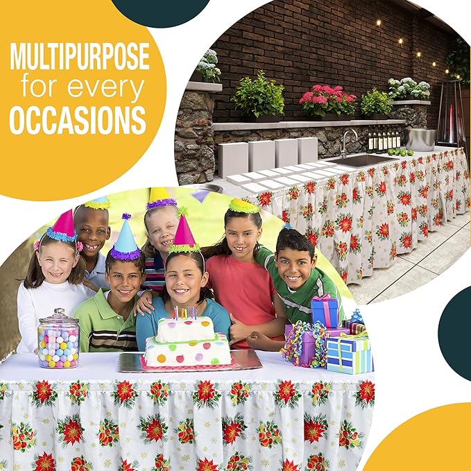 Exquisite Ruffle Table Skirt Holiday 48 Pack 14 Ft Long Table Skirts for Rectangle Tables 6ft Plus or Round Tables Skirts with Adhesive Strip for Gender Reveal Decor & Happy Birthday Parties
