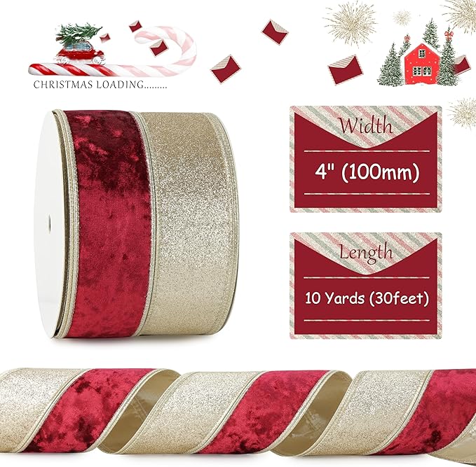 Burgundy Velvet Wired Christmas Ribbon 4 Inch Extra Wide Thick Maroon and Gold Glitter Holiday Ribbon – 10-Yards Roll for Tree Decorations, Gift Wrapping, Wreaths, and DIY Crafts