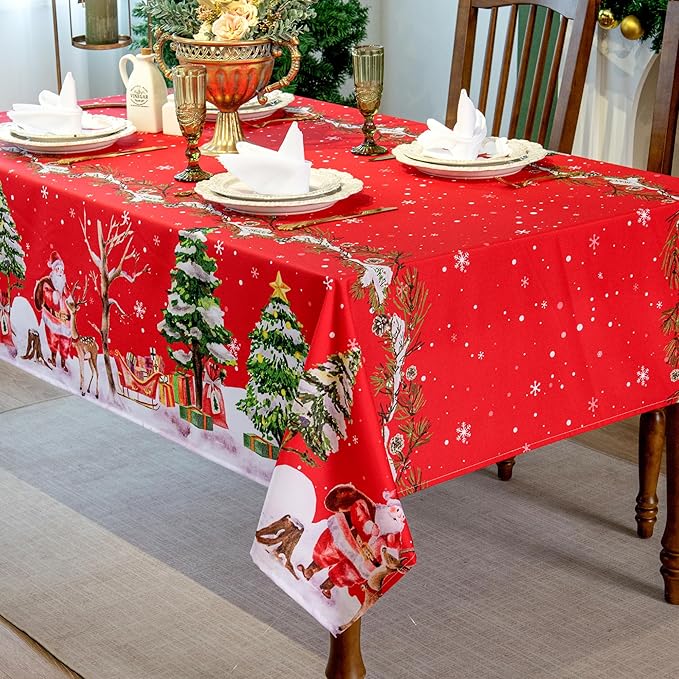 Christmas Waterproof Tablecloth – Red Holiday Table Cover with Santa Claus, Reindeer, Tree & Snowflake Design – Festive Dining Decor for Christmas Party and Home, W60 x L144 in