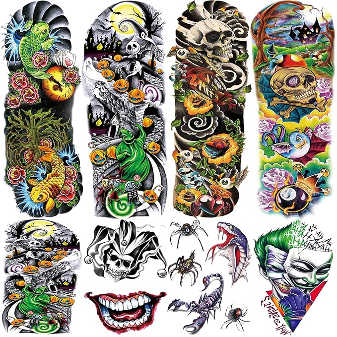 Colorful Temporary Tattoo Sleeve for Kid, 4-Sheet Full Arm Watercolor Realistic Fake Sleeve Tattoo Sticker Halloween and 4-Sheet Large Skull Joker Half Temp Tatoo Boy Girl Leg Party Favor Body Art