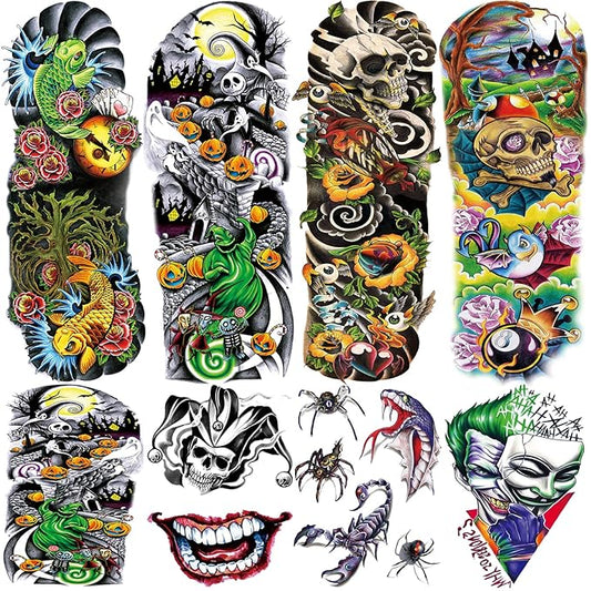 Colorful Temporary Tattoo Sleeve for Kid, 4-Sheet Full Arm Watercolor Realistic Fake Sleeve Tattoo Sticker Halloween and 4-Sheet Large Skull Joker Half Temp Tatoo Boy Girl Leg Party Favor Body Art