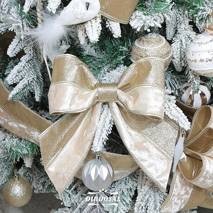 Champagne Velvet and Glitter Wired Christmas Ribbon 4 Inch – 10-Yards Roll for Tree Decorations, Gift Wrapping, Wreaths, and DIY Crafts