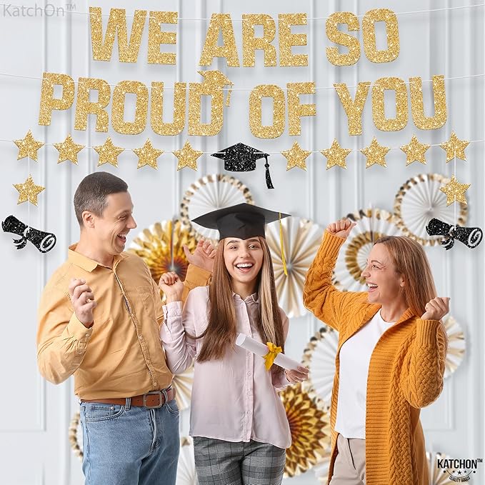 KatchOn, Glitter Gold We are So Proud of You Banner - 10 Feet, No DIY | Pre Strung Black and Gold Graduation Banner for Graduation Decorations 2025 | Class of 2025 Decorations