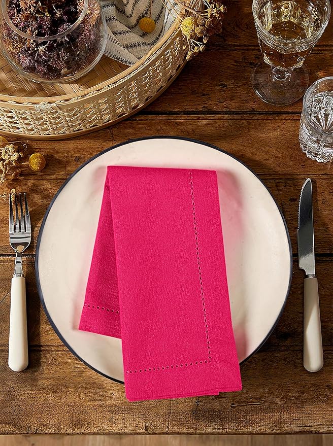 Palisa Cloth Dinner Napkins with Hemstitched Detailing & Mitered Corners Set of 4 (18x18 Inches) Hot Pink - Cotton Reusable Dinner Napkins for Valentines Day, Table Linen for Weddings & Everyday Use