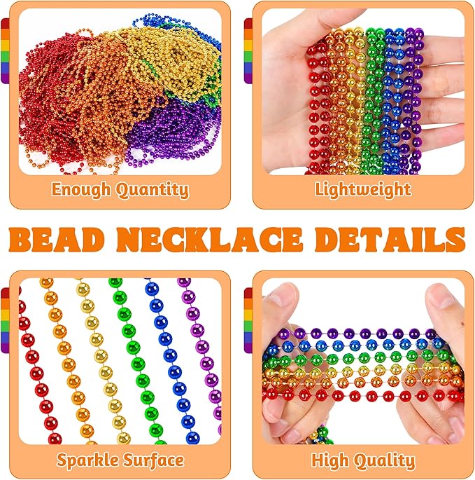 24 PCS Rainbow Beads Necklaces, 33" Round Pride Beaded Bulk, LGBT Colorful Plastic Bead Necklaces, 6 Colors Pride Month Parade Throw Accessories Stuff for Gay Lesbian Party Supplies Decorations