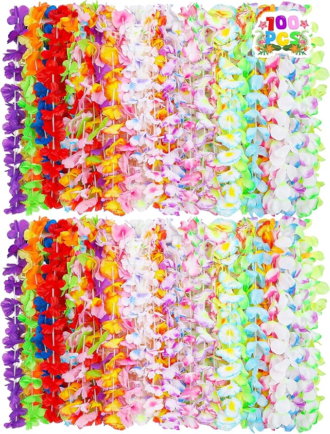 100PCS Hawaiian Leis, Colorful Luau Leis Party Decorations, Hawaiian Tropical Theme Silk Flower Leis, Hawaii Flower Lays Garland for Birthday Summer Pool Party Favors Supplies Accessories