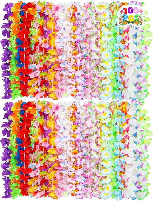100PCS Hawaiian Leis, Colorful Luau Leis Party Decorations, Hawaiian Tropical Theme Silk Flower Leis, Hawaii Flower Lays Garland for Birthday Summer Pool Party Favors Supplies Accessories