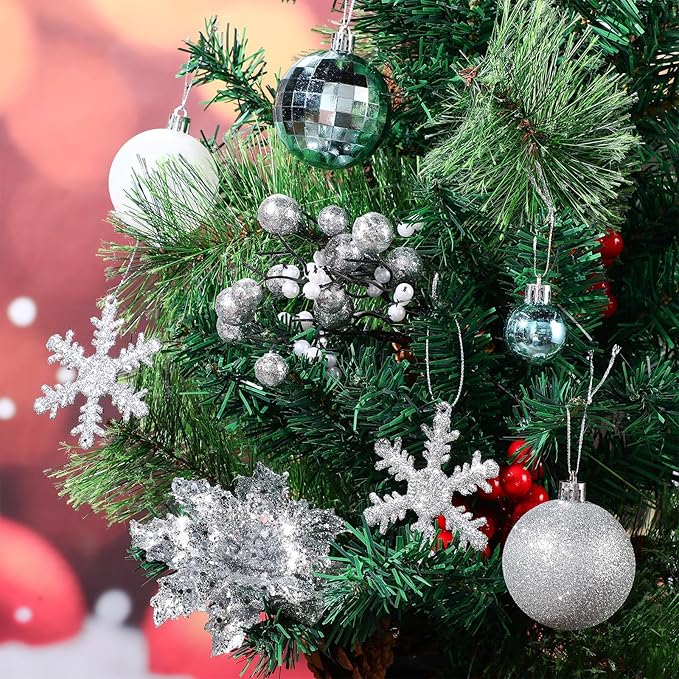 Sratte 94 Pcs Christmas Tree Decorations Set, Christmas Tree Ball Ornaments Glitter Poinsettia Flowers Decorations Glitter Berries Stems for Xmas Holiday Wedding(Blue, White, Silver)