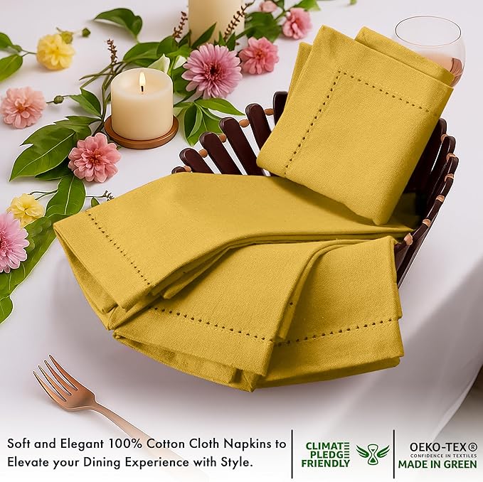 Ruvanti Cloth Napkins - 100% Cotton Dinner Napkins, Hem Stitched Corners, 18x18 Inch, 12 Pack - Soft, Absorbent, Durable, Reusable, Wrinkle Resistant for Formal Dining & Everyday Use - Spicy Mustard