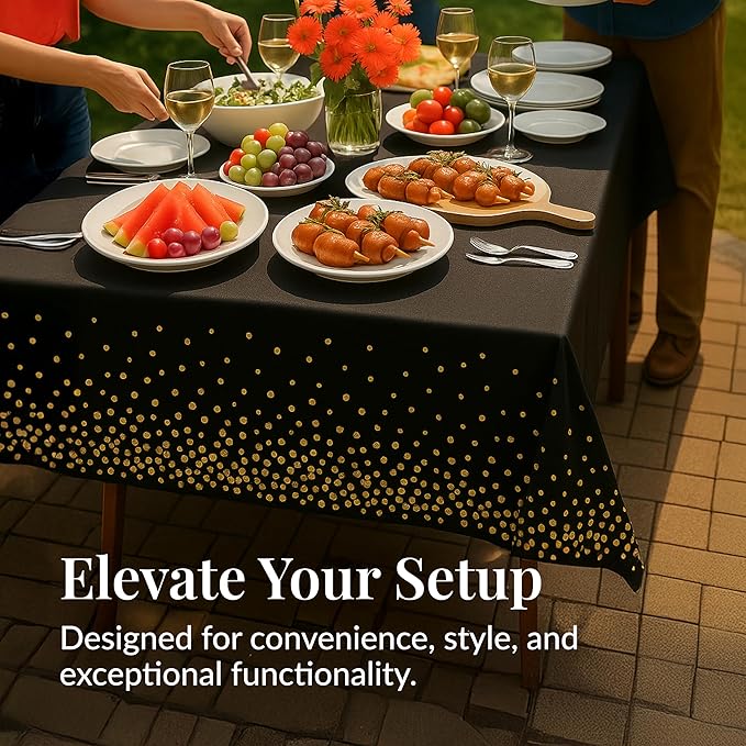 Prestee 4 Pack Gold and Black Table Cloth Rectangle Table Covers 54 x 108 Inches - Plastic Table Cloth Disposable for Parties, Dining and Events - Black Tablecloths for Weddings and Celebrations