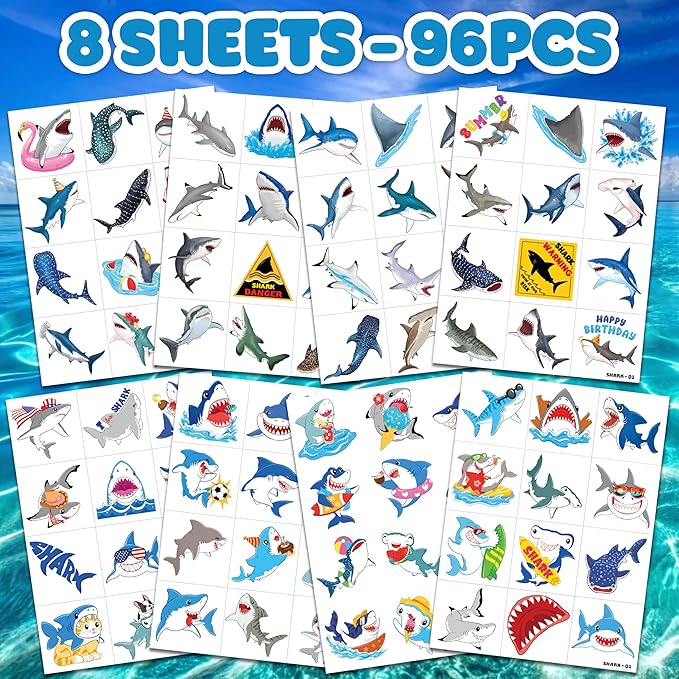 96 PCS Shark Pre-Cut Temporary Tattoos for Kids | Super Cute Shark Themed Birthday Party Favors, Supplies, Decorations, Cute Ocean Animal Tattoo Stickers, School Rewards Prizes & Gifts for Boys Girls