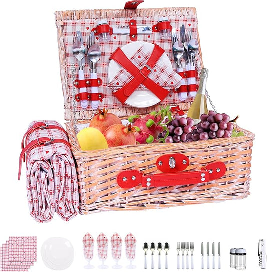 Picnic Basket Set for 4 with Waterproof Blanket Mat Insulation Bag Wicker Floral Pink Red Love Plaid Cute Kawaii Gift for Wedding Birthday Summer Camp Outdoor Camping Beach Travel Christmas