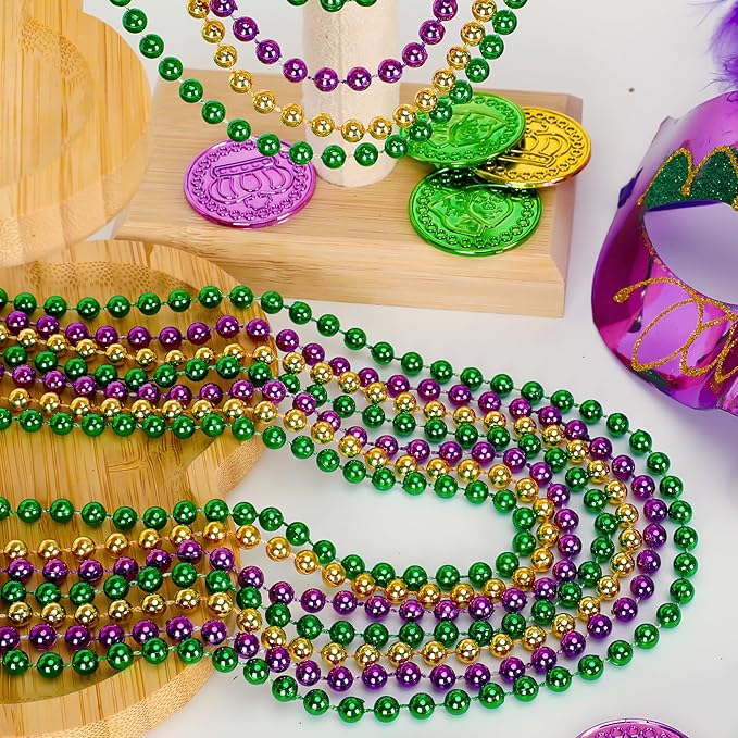 72PCS Mardi Gras Beads Throws, Mardi Gras Green Purple Gold Metallic Beads Necklaces Accessories Bulk, Mardi Gras Beads Necklace Costumes for Parade Throws Party Decorations Favor Supplies