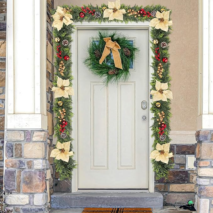 6FT Christmas Cedar Garland for Mantle, 1PCS Realistic Christmas Pine Garland with Flowers Berries Pinecones Balls, Artificial Real Touch Soft Cedar Garlands for Winter Indoor Outdoor Xmas Decoration