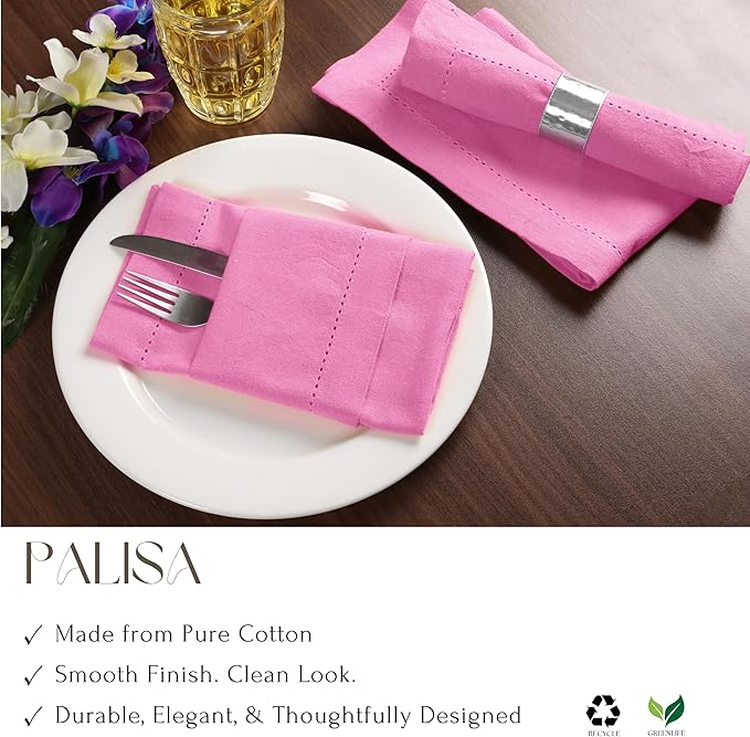 Palisa Pink Dinner Napkins with Hemstitched Detailing Set of 12 18x18 Inch – Cotton Cloth Soft Reusable Napkins for Summer, Restaurant, Table Linen for Weddings & Everyday Use – Pink Color