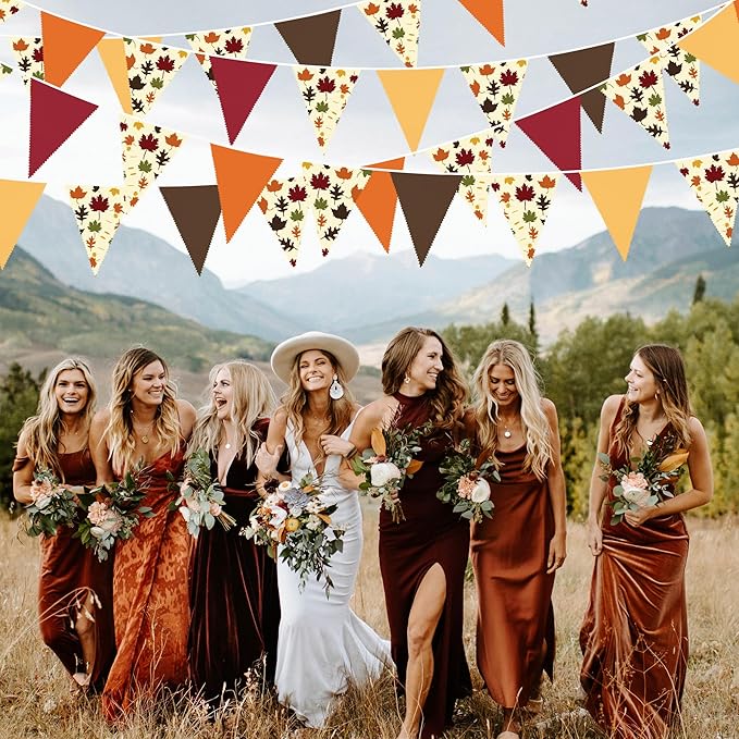 31Ft Fall Party Decorations Orange Brown Fall Maple Leaves Banner Fabric Triangle Flag Pennant Garland Streamers for Happy Fall Thanksgiving Day Harvest Autumn Birthday Outdoor Garden Hanging Decor