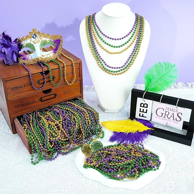 100 PCS Gold Bead Necklace, Gold Mardi Gras Christmas Beads Necklaces 33" Metallic Beaded Costume Necklaces Party Necklaces for Mardi Gras Parade Throws Wedding Birthday Pirate Party Favors