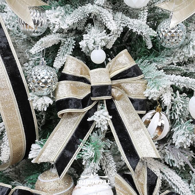 Black Velvet Wired Christmas Ribbon 2.5 Inch Black and Gold Glitter Holiday Ribbon – 10-Yards Roll for Tree Decorations, Gift Wrapping, Wreaths, and DIY Crafts