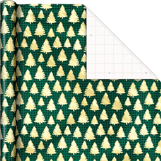 Hallmark Foil Christmas Wrapping Paper with Cut Lines on Reverse (3 Rolls: 60 sq. ft. ttl) Classic Santa Claus, Gold Merry Christmas, Green Plaid with Gold Trees