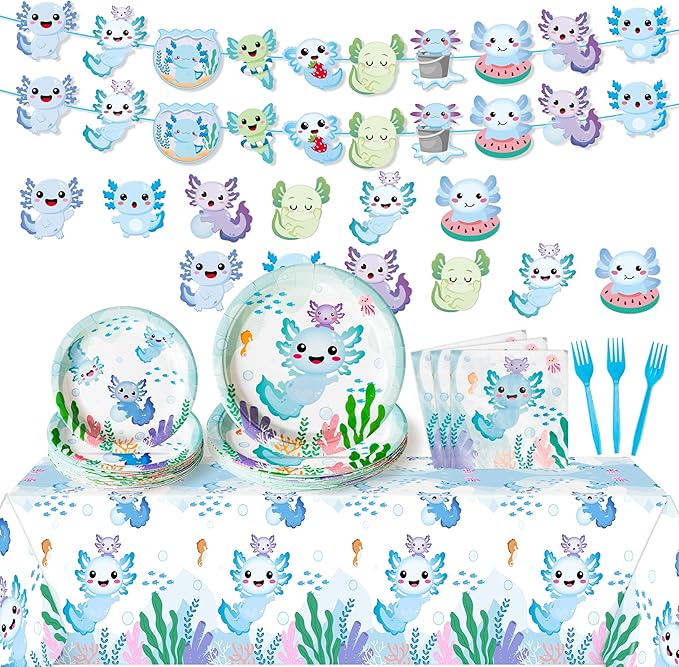 Blue Axolotl Party Decoration - Serves 24 - 112Pcs Cute Cartoon Axolotl Party Supplies, Animals Disposable Plate Napkin Forks Tablecloth Banner Card, for Kids Boy Birthday Baby Shower