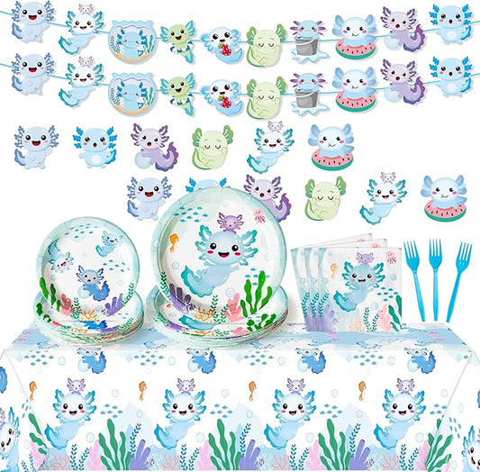 Blue Axolotl Party Decoration - Serves 24 - 112Pcs Cute Cartoon Axolotl Party Supplies, Animals Disposable Plate Napkin Forks Tablecloth Banner Card, for Kids Boy Birthday Baby Shower