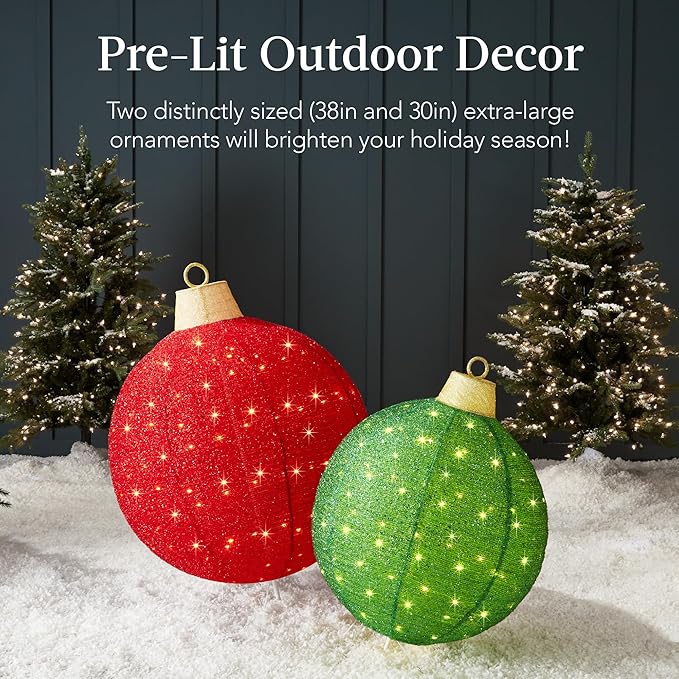 Best Choice Products 2pc Lighted Pop-Up Outdoor Christmas Ornament Set, Holiday Ball Decoration w/ 180 LED Lights, 8 Light Functions - Red/Green