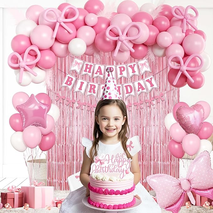 Pink Bow Birthday Party Decorations for women,Fringe Curtains Happy Birthday Banner,Pink balloons,Cake Toppers for girls