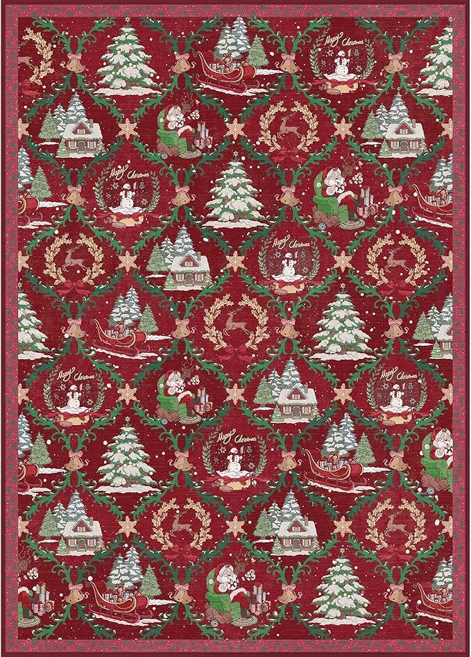 Christmas Area Rug 5x7 for Living Room, Washable Rug for Bedroom, Christmas Home Decor, Holiday Print Carpet, Low Pile Non Slip Mat with Rubber Backing, Crimson Christmas Tale Pattern