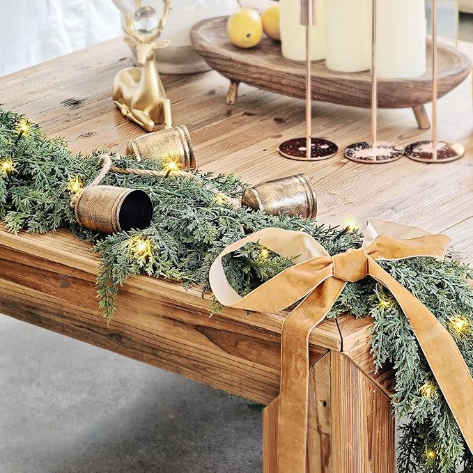 Cedar Christmas Garland with Lights for Mantle - 2 PACK Decorations 15ft Realistic Lighted Faux Pine Garlands for Xmas Home Decoration Indoor Stairs Railing Fireplace Outdoor Prelit Garland Door Decor