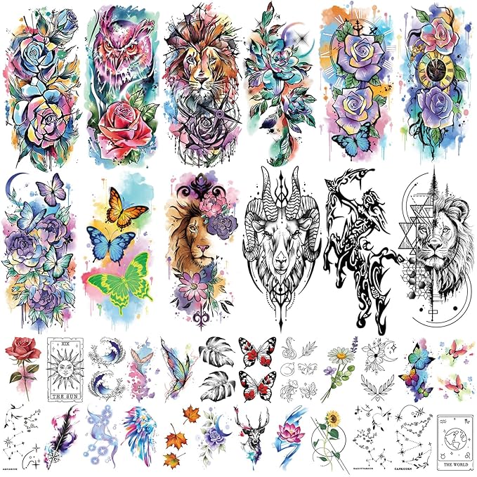77 Sheets Lion Flower Owl Temporary Tattoo for Women Men, 17 Sheets Half Arm Nature Animal Large Fake Tattoos, 60 Sheets Butterfly Clock Tiny for Adult Kids Christmas Body Tattoos Stickers Realistic