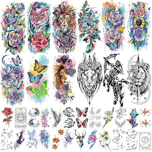 77 Sheets Lion Flower Owl Temporary Tattoo for Women Men, 17 Sheets Half Arm Nature Animal Large Fake Tattoos, 60 Sheets Butterfly Clock Tiny for Adult Kids Christmas Body Tattoos Stickers Realistic