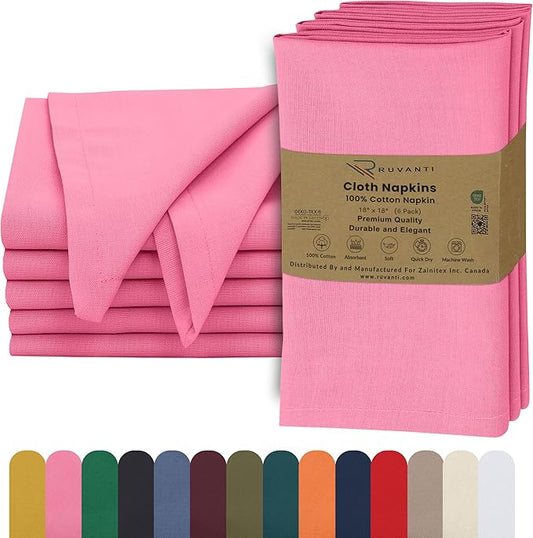 Ruvanti Cloth Napkins Set of 6, 18x18 Inches, 100% Cotton, Washable, Soft & Absorbent, Perfect for Wedding, Christmas, ‎Thanksgiving Dinners - Pink