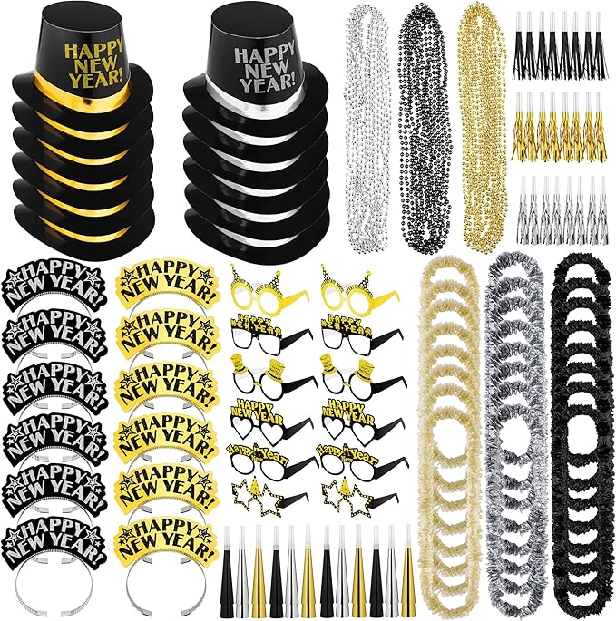 Fovths 132 Pieces 2026 New Years Eve Party Supplies Includes Glasses Top Hats Headband Noisemakers Horns Bead Necklaces Plastic Leis New Year Party Favors for Celebration Decoration Gift