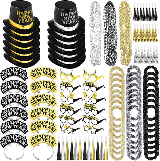 Fovths 132 Pieces 2026 New Years Eve Party Supplies Includes Glasses Top Hats Headband Noisemakers Horns Bead Necklaces Plastic Leis New Year Party Favors for Celebration Decoration Gift