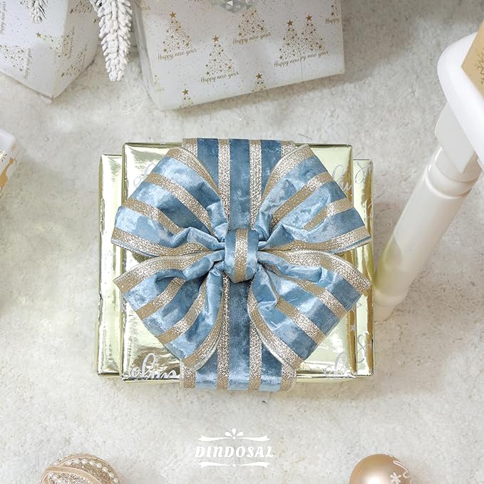 Dusty Blue Velvet Wired Ribbon with Champagne Glitter Stripe 4 Inch Extra Wide Crushed Velvet Christmas Ribbon, 10 Yards for Gift Wrapping, Crafts, Tree Decorations, Wreaths, Garlands