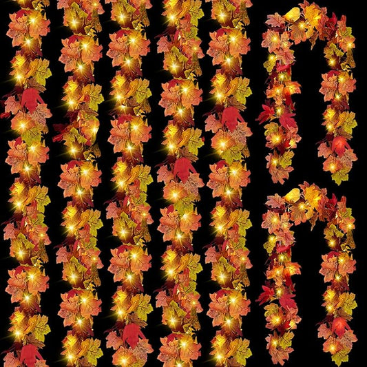 CQURE 7 Pack Fall Leaf Garland with Lights, Total 41.3 Ft Lighted Fall Vines Autumn Garland Artificial Maple Fall Leaves Thanksgiving Decor for Home Wedding Fireplace Christmas