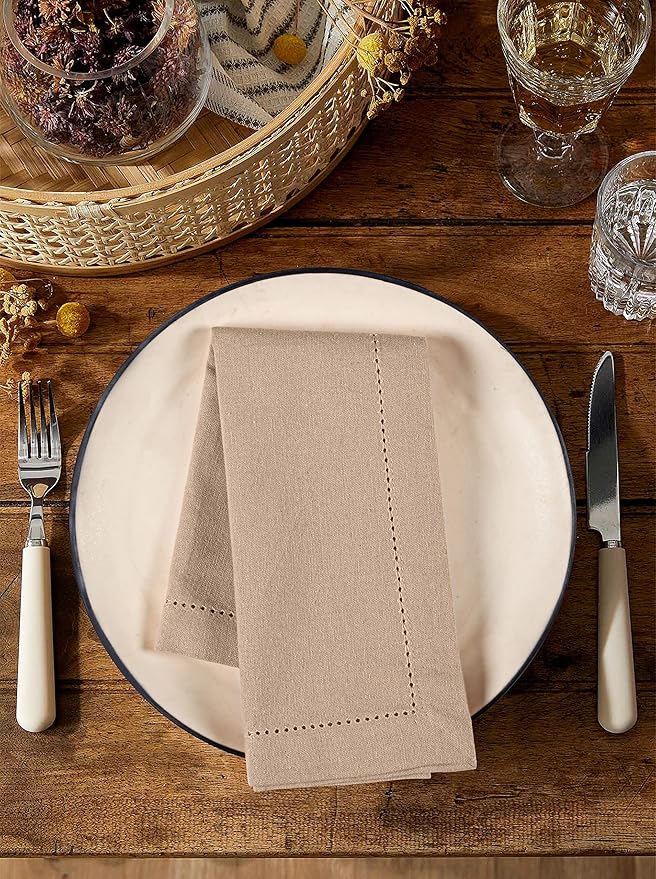 Palisa Cloth Dinner Napkins with Hemstitched Detailing & Mitered Corners Set of 4 (18x18 Inches) Beige - Cotton Reusable Dinner Napkins - Perfect for Weddings & Everyday Use