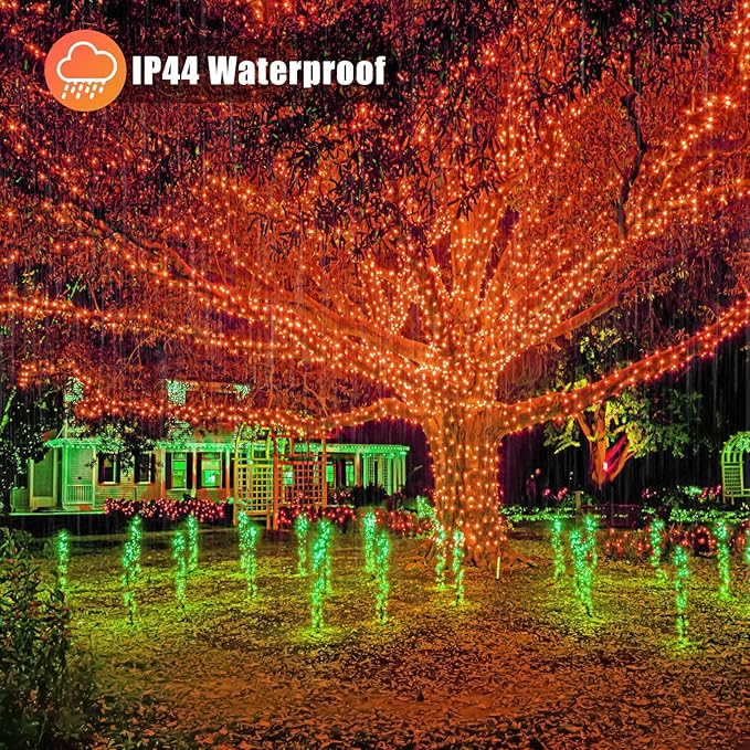 Vivideal 100 LED Orange Christmas Lights Outdoor Waterproof 33ft String Lights Indoor 8 Modes Clear Wire, Plug in Orange String Light for Xmars Tree Bedroom Thanksgiving Decorations