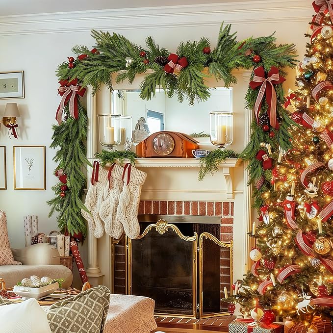 2 Pack Christmas Garland, Real Touch Artificial Norfolk Pine Garland - Realistic PE Greenery for Mantle, Fireplace, Stairs, Indoor Outdoor Holiday Decor (Christmas Garland 9FT)
