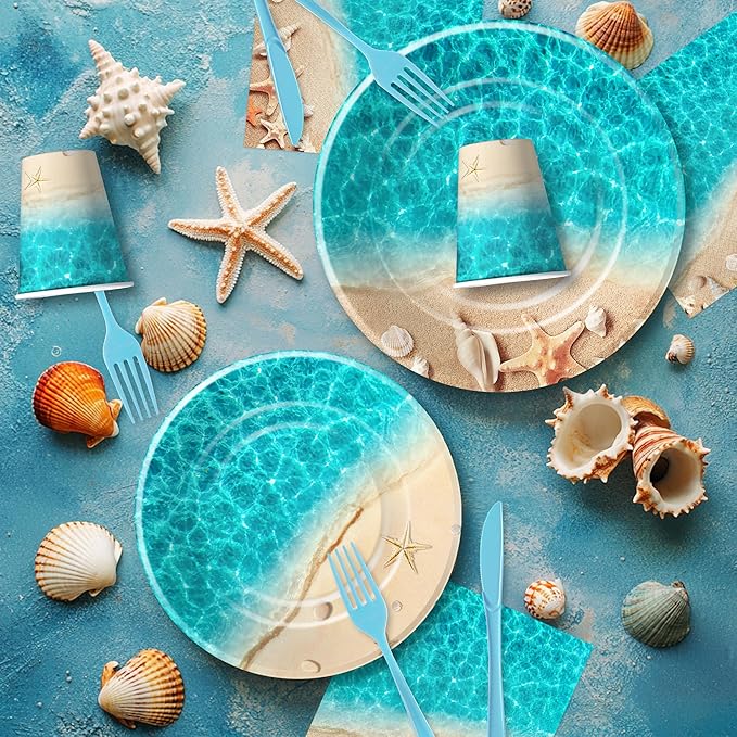 Beach Party Decorations, Ocean Seashell Party Supplies, Plate, Cup, Napkin, Tablecloth, Cutlery, Banner, Ocean Beach Table Decorations For Birthday Baby Shower Wedding, Serves 24