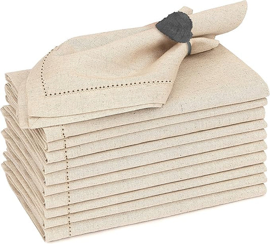 Ruvanti Premium Linen Napkins Set of 12-20x20 Inch, Classic Hemstitch, Mitered Corner Cloth Napkins‎‎ - Soft, Elegant Dinner Napkins Cloth Washable for Weddings, Parties, Everyday Use - Natural