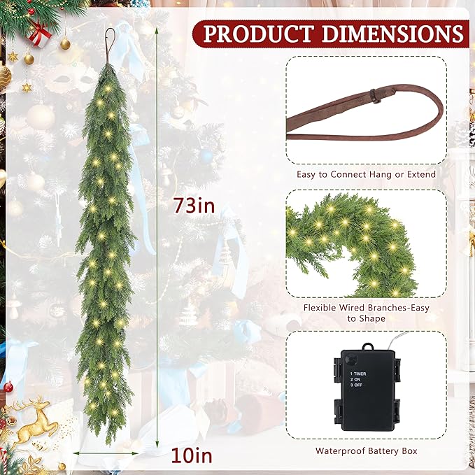 6FT Christmas Cedar Garland with Light, Lighted Real Touch Cedar Garland, Artificial Greenery Garlands for Table Fireplace Wall Stairs Door Xmas Decor