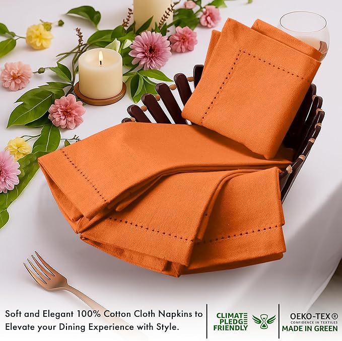 Ruvanti Cloth Napkins - 100% Cotton Dinner Napkins, Hem Stitched Corners, 18x18 Inch, 12 Pack - Soft, Absorbent, Durable, Reusable, Wrinkle Resistant for Formal Dining & Everyday Use - Orange Peel