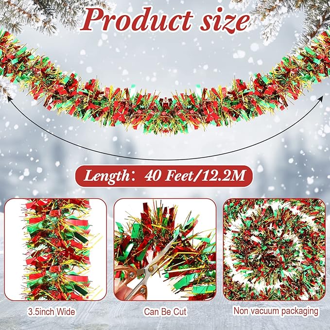 Dilunave 40 Feet Christmas Tinsel Garland Metallic Foil Twist Tinsel Garland Decoration for Christmas Tree, Wedding, Birthday and Party Hanging Decorations(Red, Green, Gold)