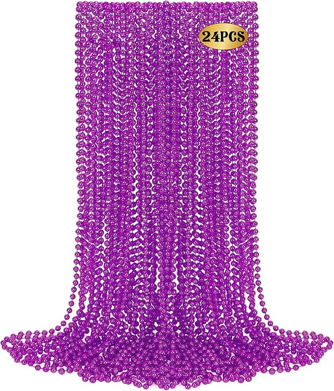 24 PCS Purple Beads Party Favors, 33" Purple Beads Necklaces Bulk, Mardi Gras Beaded Costume Necklaces for Parade Throws, Beaded Accessory Set for Carnival Festive Celebrations Event