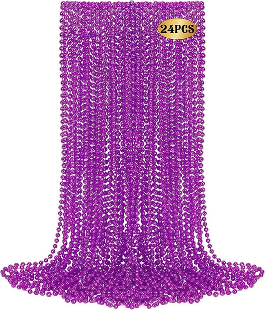 24 PCS Purple Beads Party Favors, 33" Purple Beads Necklaces Bulk, Mardi Gras Beaded Costume Necklaces for Parade Throws, Beaded Accessory Set for Carnival Festive Celebrations Event