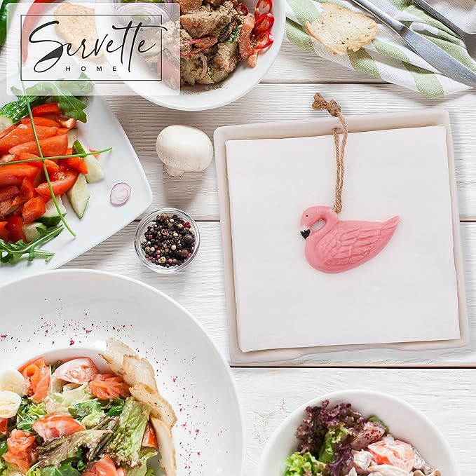 White Ceramic Lunch Napkin Holder with Roped Weight - Flamingo