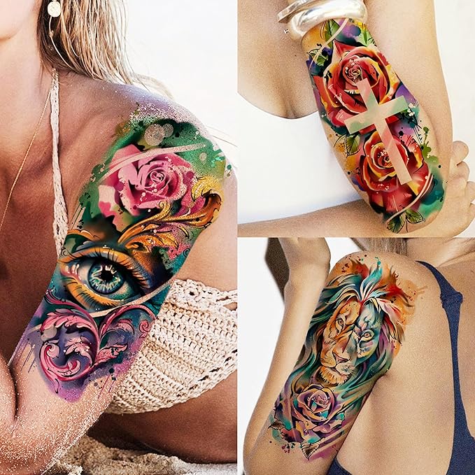 FANRUI 65 Sheets Watercolor Peony Rose Floral Temporary Tattoos For Women Arm Shoulder, Groovy Compass Flower Fake Tattoo Owl Blue Tribal Eye Skull Tiger, Long Lasting Tatoos Sleeve Angel Girls Adults